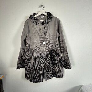 Dorman Womens Zebra Print Button Front Hooded Coat Jacket Medium Gray Pockets